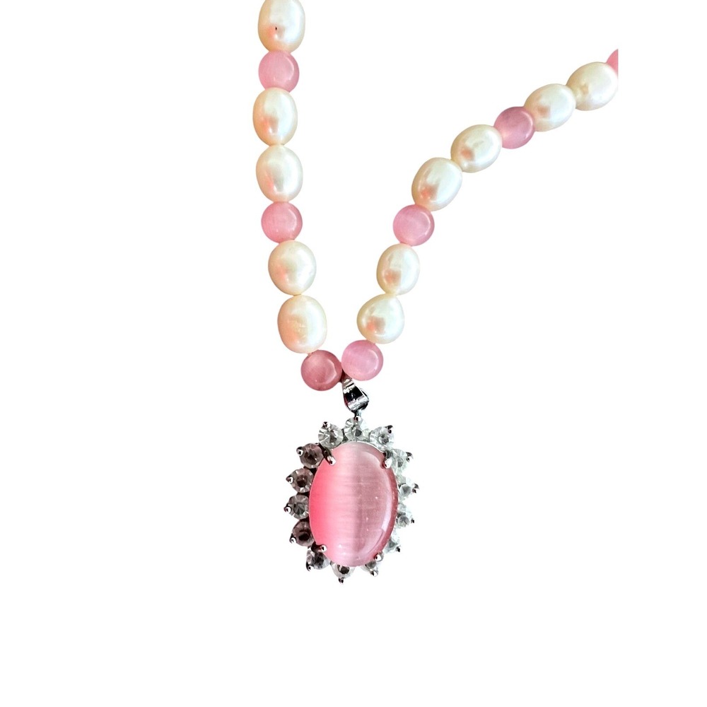 Pink & White Pearl Necklace With Rose Quartz Pendant & Rhinestones 18-Inch Lengt